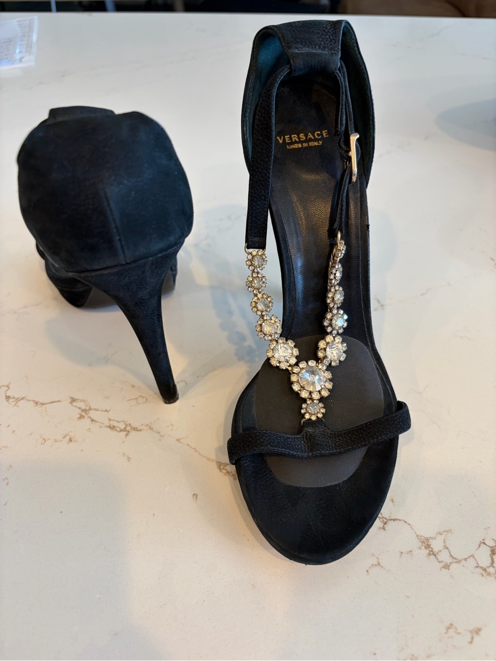 Versace Black T-Strap Jeweled High Heels